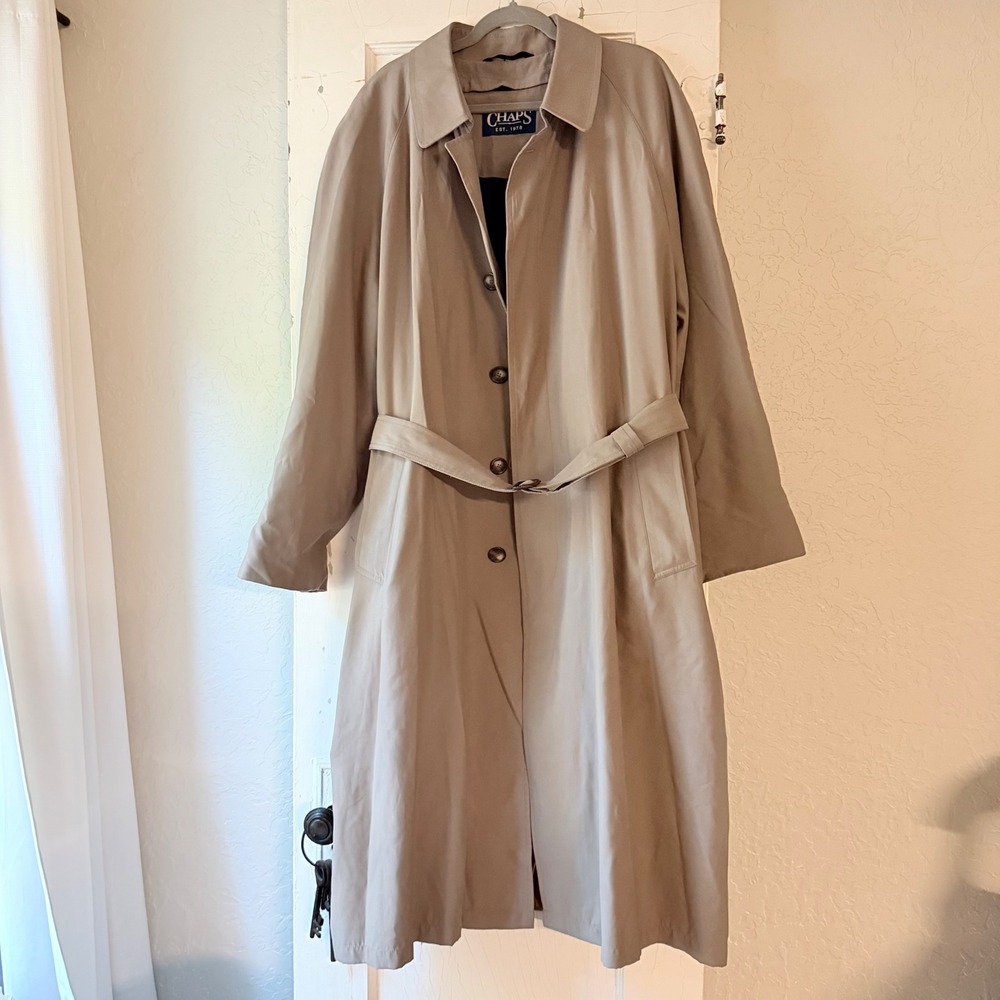 Chaps Mens Tan Belted Long Trench Coat Size 44R Beige Single Breasted Jacket